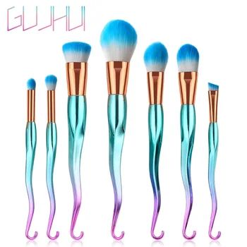 

GUJHUI 7pcs Cosmetics Brushes Set Pink Green Nose Foundation Powder Eyeshadow Eyebrow Flat Head Makeup Ki