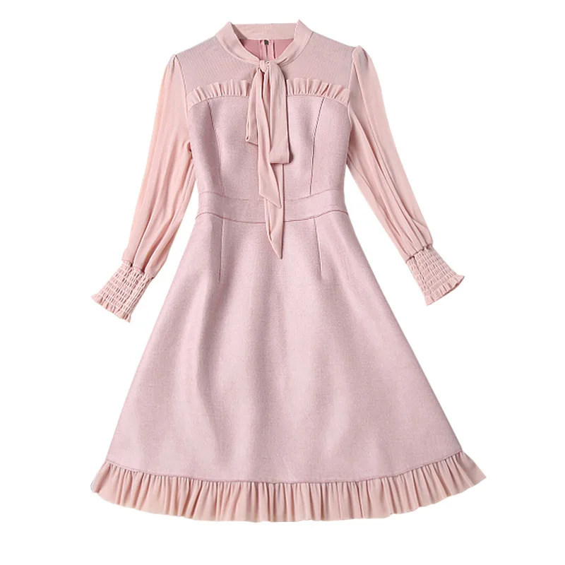 Spring autumn dress bow mesh gauze suede stitching casual fashion temperament a-line pink dress ac54
Spring autumn dress bow mesh gauze suede stitching casual fashion temperament a-line pink dress ac54