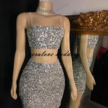 Silver Sequins Lace Prom Dress Short Two Pieces African Cocktail Party Vestidos Dress Spaghetti Straps Formal Wear
Silver Sequins Lace Prom Dress Short Two Pieces African Cocktail Party Vestidos Dress Spaghetti Straps Formal Wear