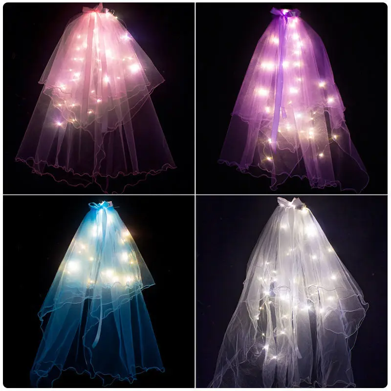 

LED Luminous Veil Length 80cm Light Up Glowing Yarn Fairy Ribbon Bow Veil with Lights Strings For Party Wedding Bridal