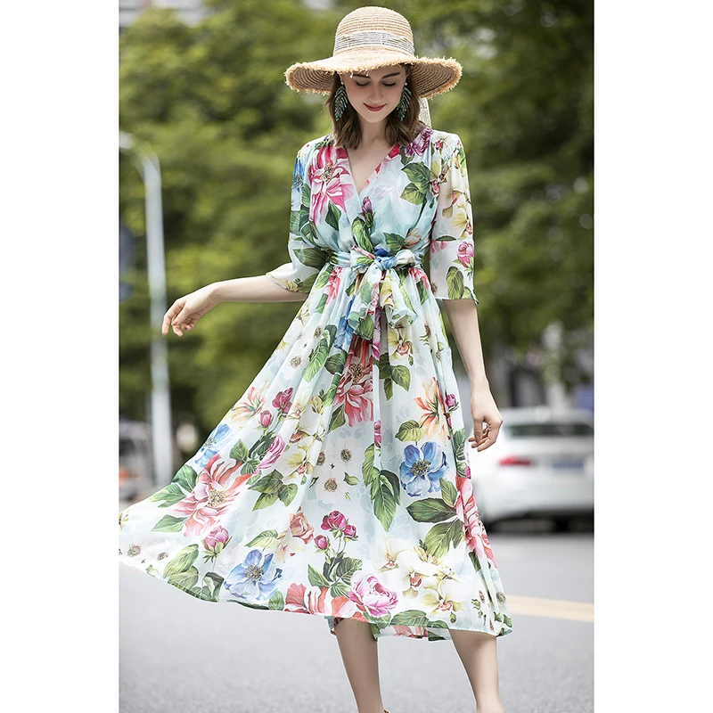 Women Runway Dress 2020 High Quality Summer V-neck Short Sleeves Floral Print Sashes Casual Dresses NP1115N
Women Runway Dress 2020 High Quality Summer V-neck Short Sleeves Floral Print Sashes Casual Dresses NP1115N