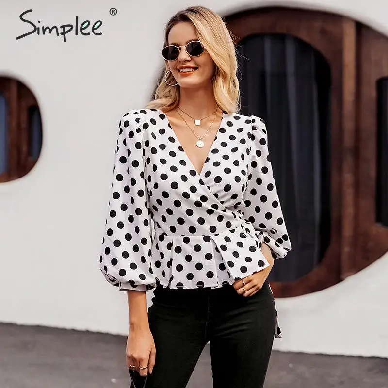 

Simplee Vintage v neck polka dot white shirt Women fashion wrap lace up peplum blouse Ladies highstreet lantern sleeve blusa