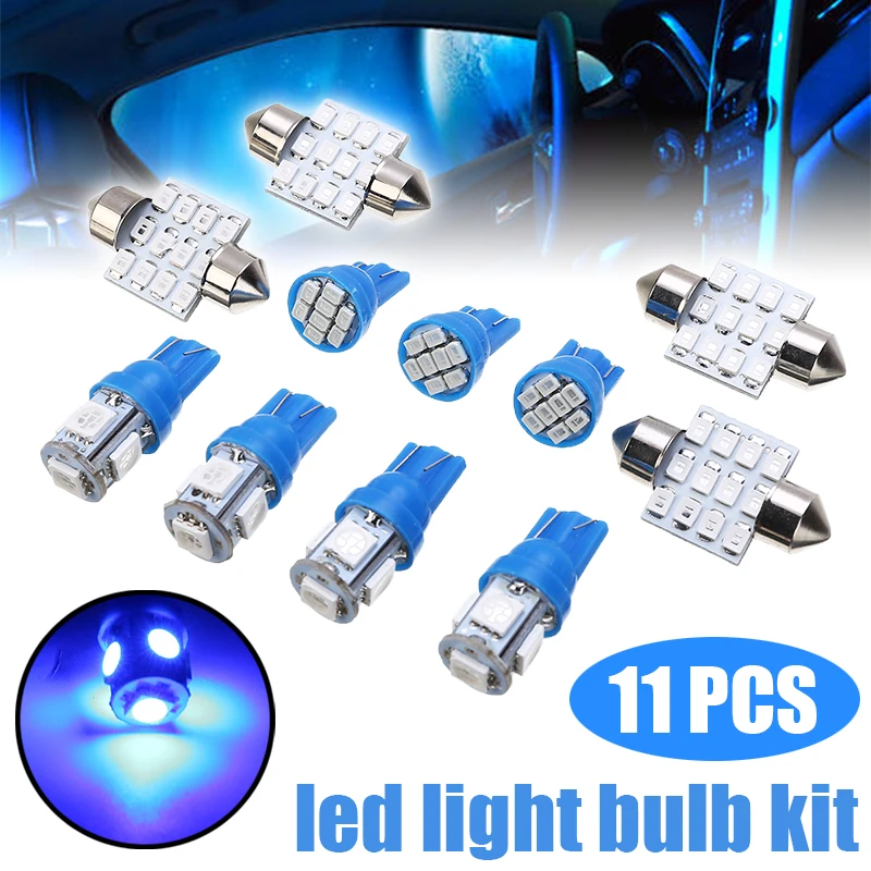 

For Car Lighting 11pcs Blue LED Festoon Interior Dome Map Tag Light Lamp Bulb Kit T10 5 8 SMD +31mm 12 SMD License Plate Lights