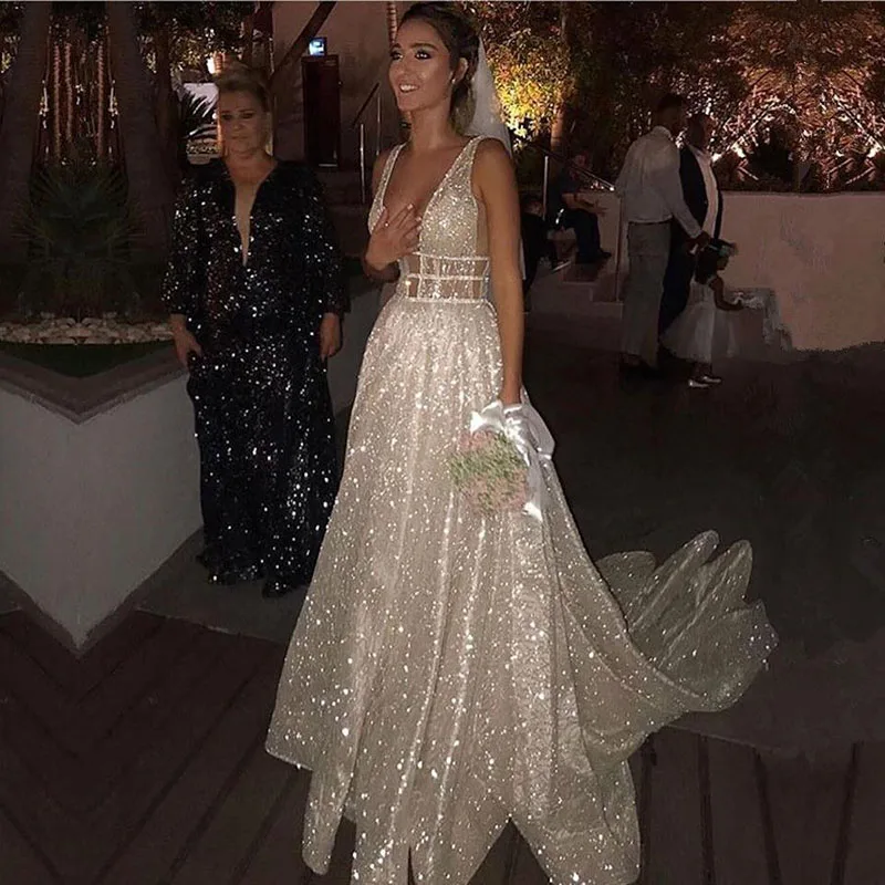A Line Wedding Dresses Sparkly White Sequined Backless Boho Glitter Wedding Bride Gowns Robe De Soiree
A Line Wedding Dresses Sparkly White Sequined Backless Boho Glitter Wedding Bride Gowns Robe De Soiree