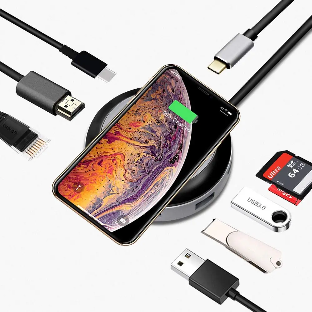 USB C Hub with Wireless Charger RJ45 Gigabit Ethernet USB3.0 SD TF Card Reader for imac MacBook Ipad Type C Laptops phone
USB C Hub with Wireless Charger RJ45 Gigabit Ethernet USB3.0 SD TF Card Reader for imac MacBook Ipad Type C Laptops phone