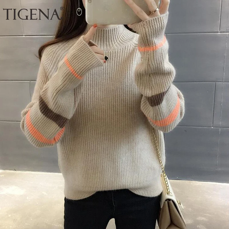 

TIGENA Women Turtleneck Sweater 2019 Autumn Winter Striped Knitted Pullover Sweater Female Korean Warm Jumper Women Khaki Beige