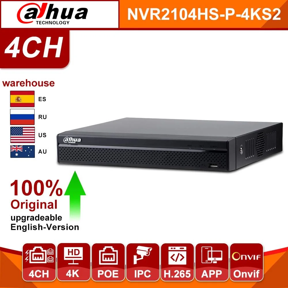 Original Dahua NVR2104HS-P-4KS2 NVR4CH POE NVR 4K Network Video Recorder With 1SATA 2USB Interface For IP Camera without logo 
Original Dahua NVR2104HS-P-4KS2 NVR4CH POE NVR 4K Network Video Recorder With 1SATA 2USB Interface For IP Camera without logo