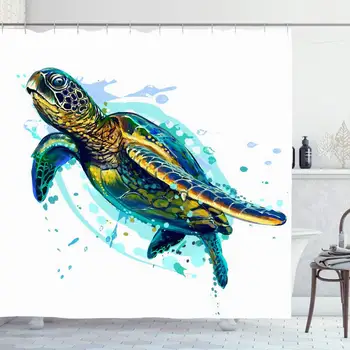 

Shower Curtain Set with Hooks 66x72 Inches Graphic Turtle Life Underwater White Realistic Aquatic Artistic Colored Drawing