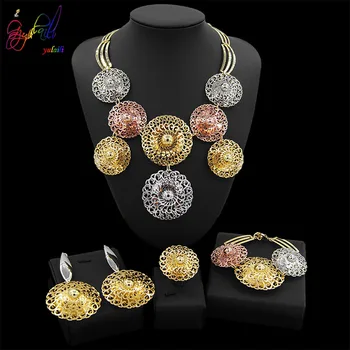 Yulaili Tri-color Round Shape Rhinestone Pendant Big Necklace Earrings Bracelet Ring Dubai Gold Jewelry Sets For Women Party
Yulaili Tri-color Round Shape Rhinestone Pendant Big Necklace Earrings Bracelet Ring Dubai Gold Jewelry Sets For Women Party