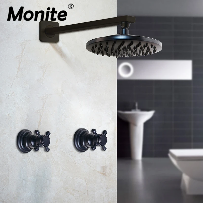 

Monite 8 Inch Oil Rubbed Bronze Black Round Faucets Bathroom Rainfall Shower Wall Mounted Faucet Set Dual Handles Mixer Tap
