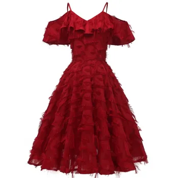 Christmas Feather tassel Dresses Women Off Shoulder Lace Midi Dress Elegant Lady V-neck A-Line Party Dressess Female Vestidos 
Christmas Feather tassel Dresses Women Off Shoulder Lace Midi Dress Elegant Lady V-neck A-Line Party Dressess Female Vestidos