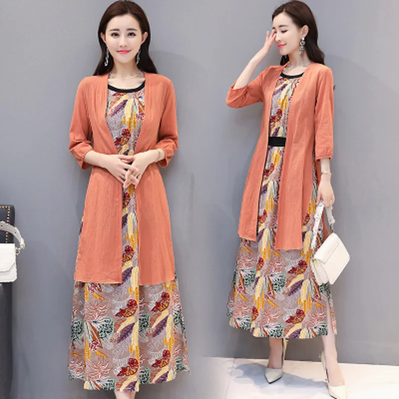 Cotton and Linen Dress Sets Vintage Floral Print Long Dress + Split Cardigan Autumn Women's Plus Size Sleeveless Dress Suits 
Cotton and Linen Dress Sets Vintage Floral Print Long Dress + Split Cardigan Autumn Women's Plus Size Sleeveless Dress Suits