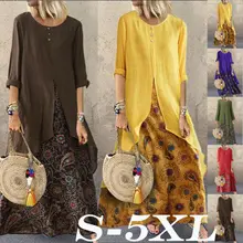 Quente elegante floral étnico longo vestido mulher outono boho o-neck manga longa solto maxi vestidos plus size 5xl vestido(China)