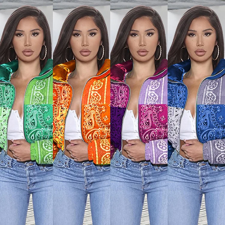 Short Print Cotton-Padded Jacket Women 2020 European And American Fashion New Winter Stand-Up Collar Long-Sleeved Coat Trendy