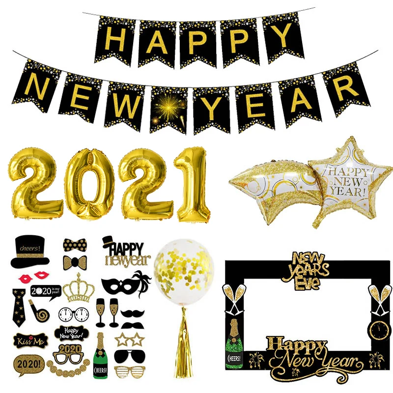 

2021 Happy New Year Foil Balloons Photo Booth Frame Props Balloons Gold Black Banner Garland Navidad New Year Eve Party Supplies