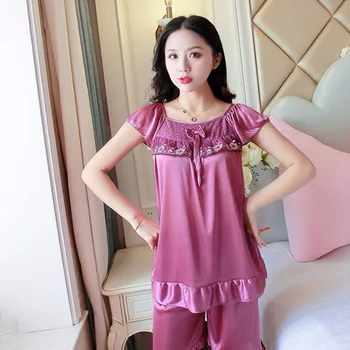 2020 New Spring Summer Women Faux Silk Pajamas Set Simple Pure Color Leisure Nightwear Short Sleeves girl satin Sleepwear
2020 New Spring Summer Women Faux Silk Pajamas Set Simple Pure Color Leisure Nightwear Short Sleeves girl satin Sleepwear