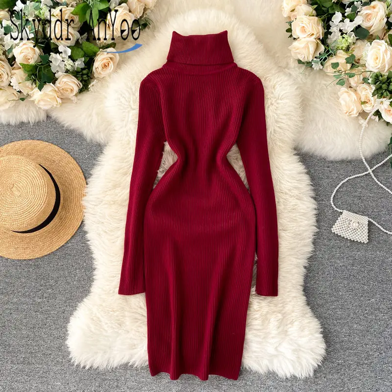 2020 Autumn Winter Turtleneck Sweater Dresses For Women Bodycon Long Sleeve Korean Simple White Knitted Dress Sexy Femme Robe
2020 Autumn Winter Turtleneck Sweater Dresses For Women Bodycon Long Sleeve Korean Simple White Knitted Dress Sexy Femme Robe