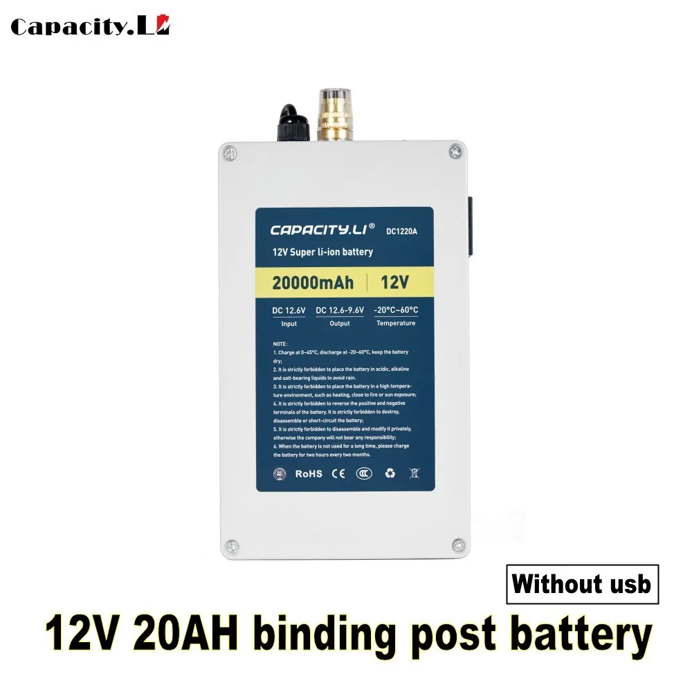 Capacity.Li 12V 20ah lithium battery rechargeable battery portable mobile phone charging treasure with bms and 2usb Inverter
Capacity.Li 12V 20ah lithium battery rechargeable battery portable mobile phone charging treasure with bms and 2usb Inverter