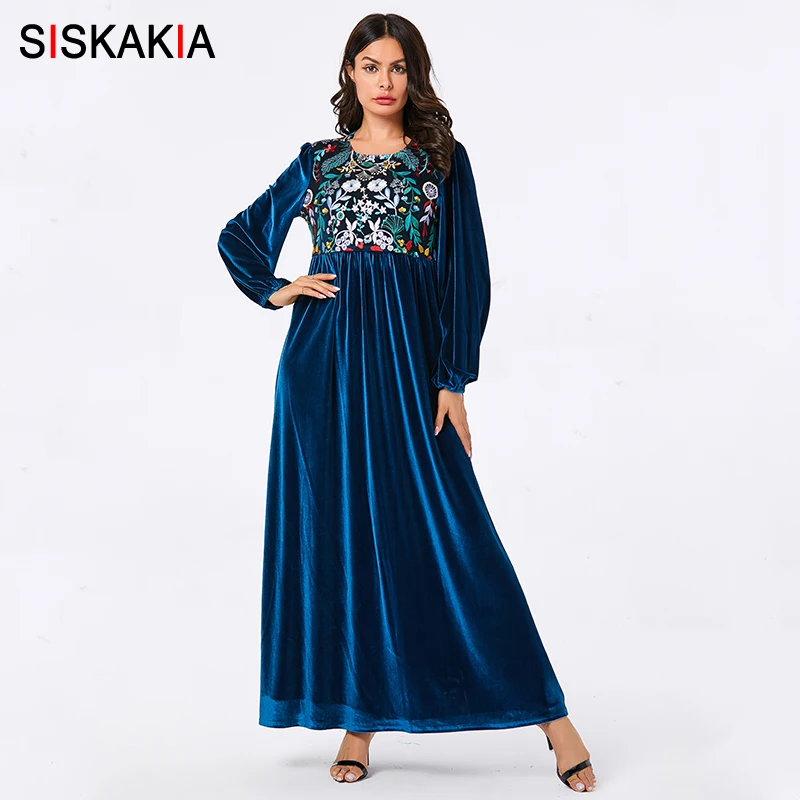 

Siskakia Velvet Swing Long Dress Embroidery Pattern in Random Elegant Muslim Full Sleeve Dresses Blue Winter 2019 Arabic Wears