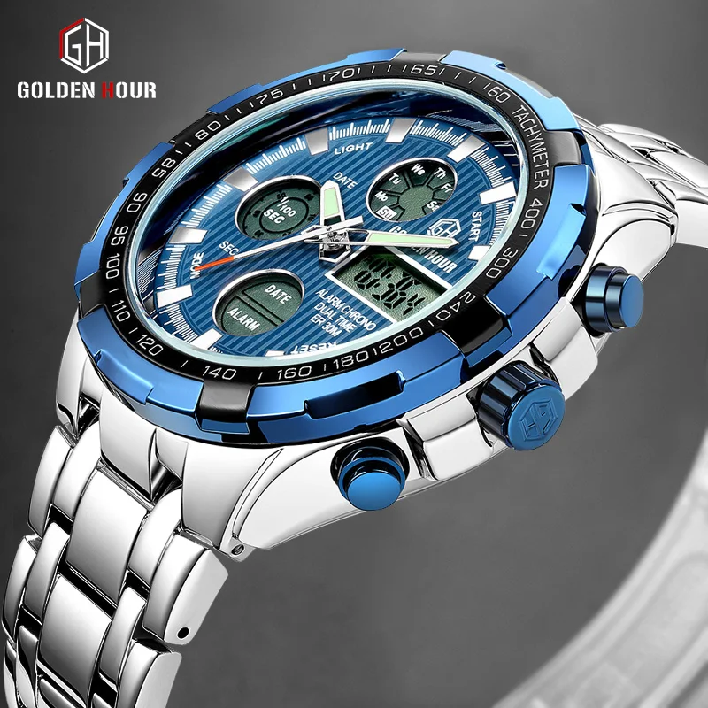 

Mens Watches GOLDENHOUR Top Luxury Brand Dual Display Wristwatch Fashion Stainless Steel Waterproof Clock Relogio Masculino