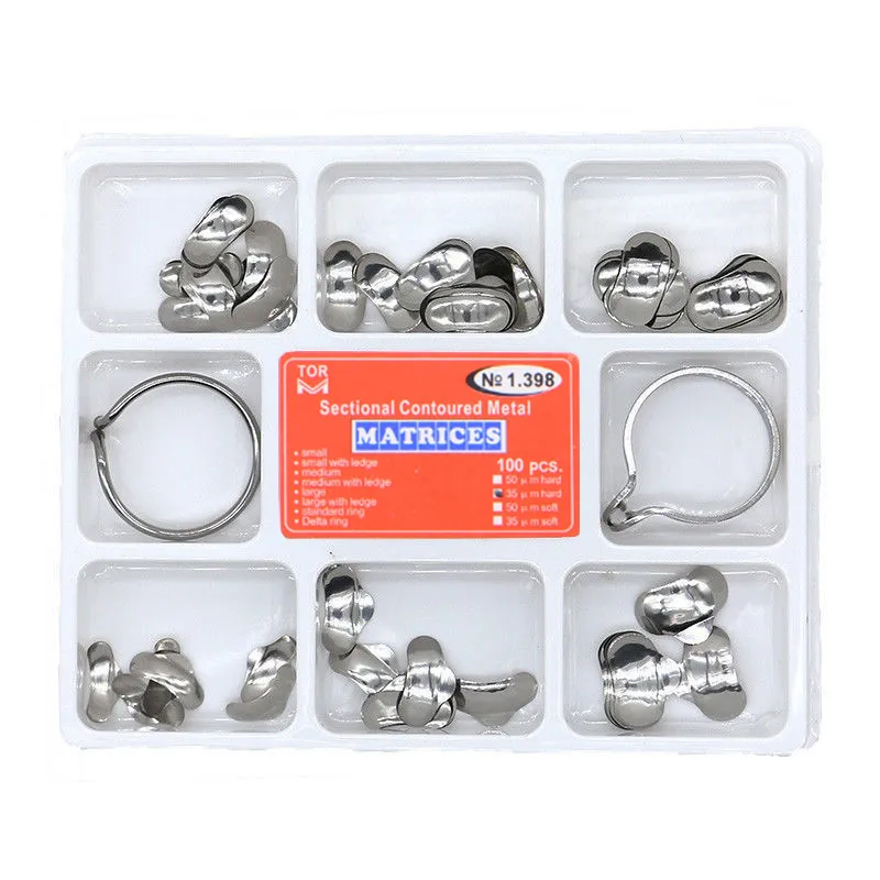 100pcs/box Sectional Contoured Metal Matrices No.1.398 Dental Matrices with 2 Rings Full kit for Teeth Replacement Dentsit Tool
100pcs/box Sectional Contoured Metal Matrices No.1.398 Dental Matrices with 2 Rings Full kit for Teeth Replacement Dentsit Tool