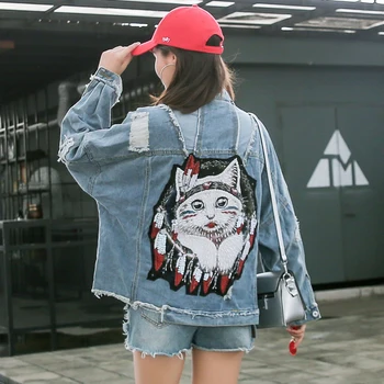 Women's 2019 new wave heavy duty beaded cat patch denim jacket coat female hole loose short coat
Women's 2019 new wave heavy duty beaded cat patch denim jacket coat female hole loose short coat