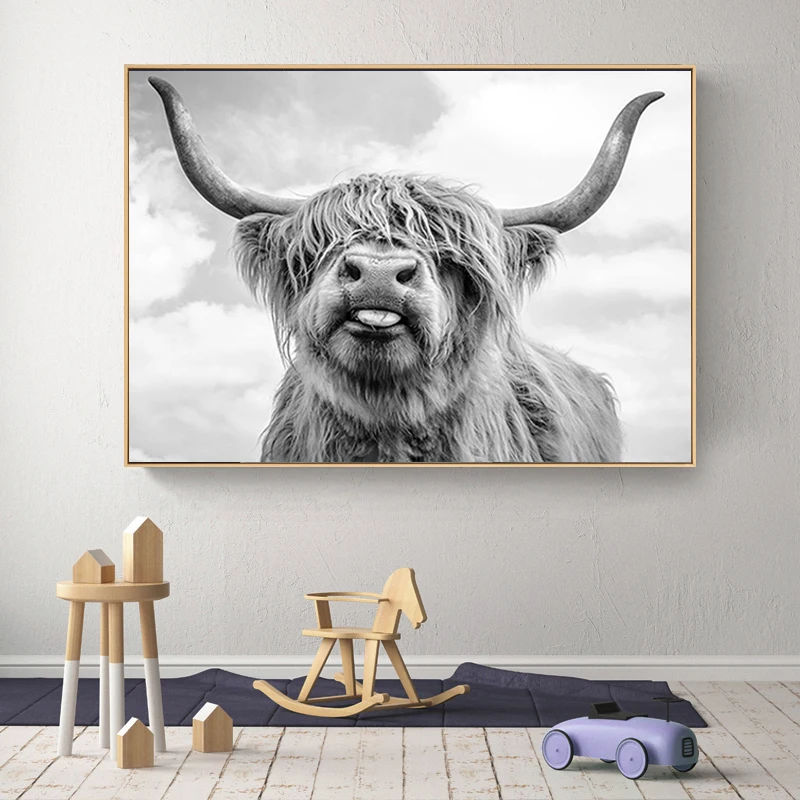 Черно белая картина с изображением яка Highland Cow Wild рисунком животных постеры и