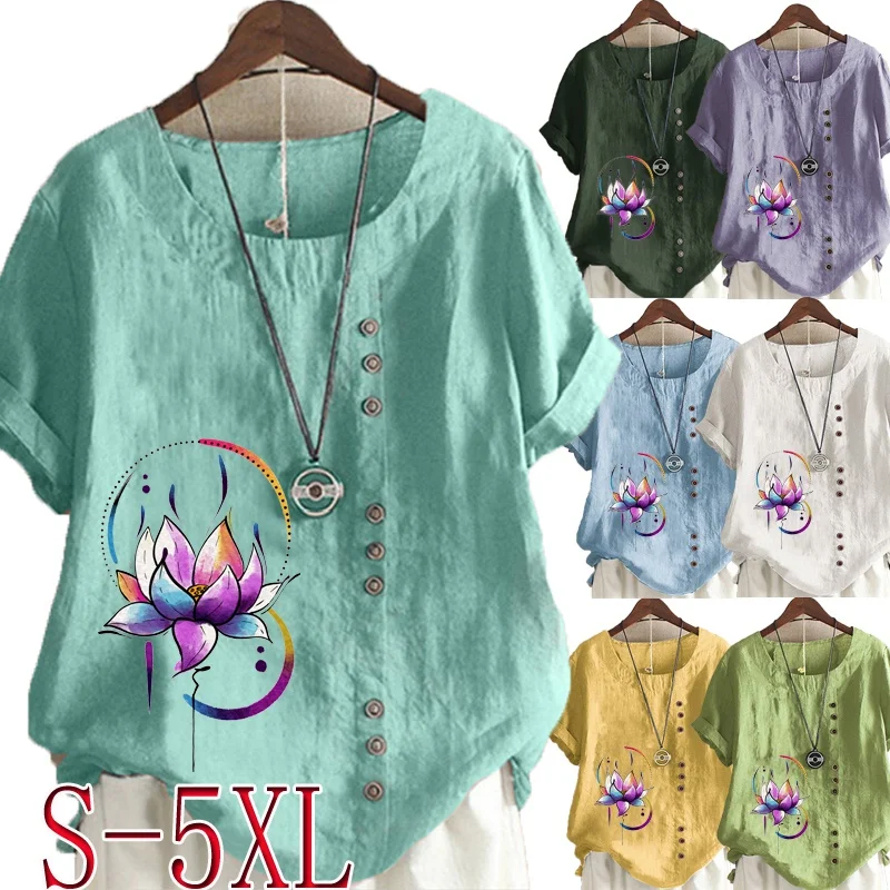 

Summer Fashion Women's Lotus Printed Linen T-shirt Casual Loose Round Neck Short Sleeve Shirt Blouse Tops Plus Size