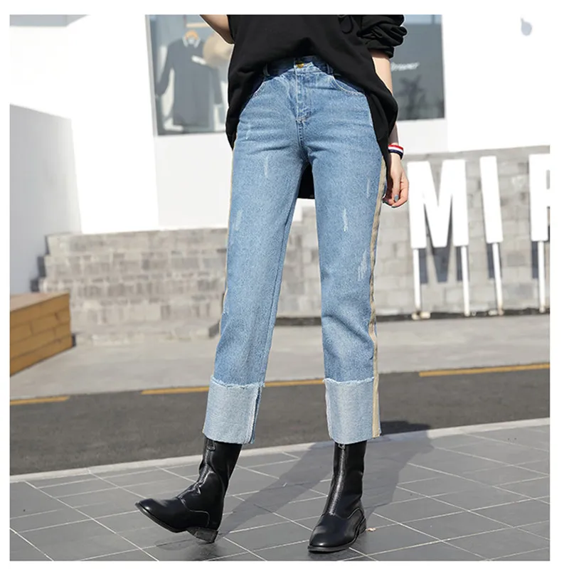 JUJULAND jean woman jeans turnup pants boyfriend jeans for women with high waist Side stitching ribbon ladies jeans denim 157 
JUJULAND jean woman jeans turnup pants boyfriend jeans for women with high waist Side stitching ribbon ladies jeans denim 157