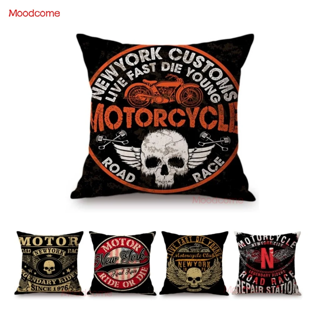 

Vintage Motorcycle Club New York Motor Race Funky Pillow Cover Black Letter Print Live Fast Die Young Sofa Linen Cushion Cover