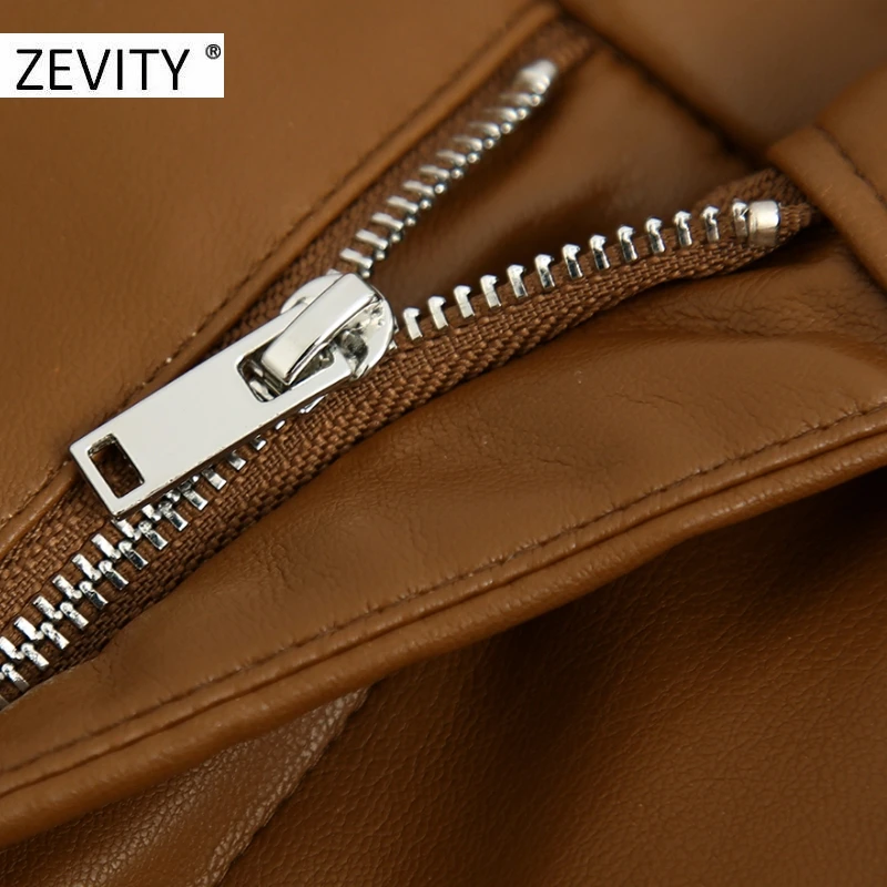 ZEVITY Women fashion solid PU leather straight pants female zipper fly casual slim long Trousers chic autumn business pants P935