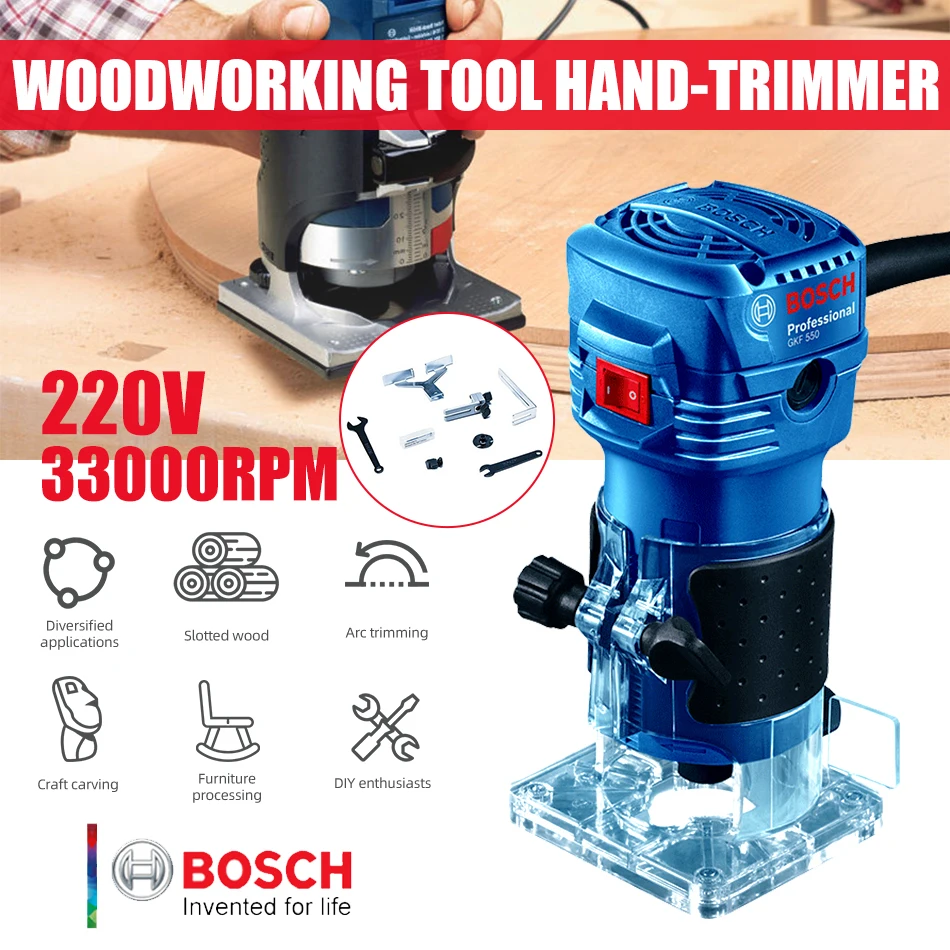 

Bosch 550W Woodworking Electric Router trimmer 33000rpm Wood Milling Engraving Slotting Trimming machine Hand Carving Carpentry