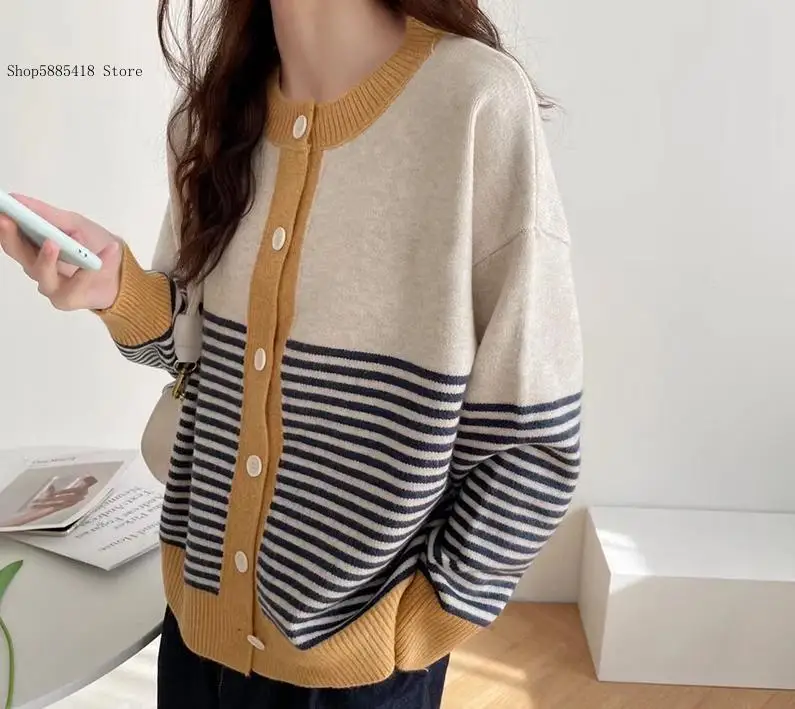 Sweaters Female Cropped Cardigan Autumn Winter Striped Patchwork Knit Cardigans Women Single Breasted Vintage Korean |