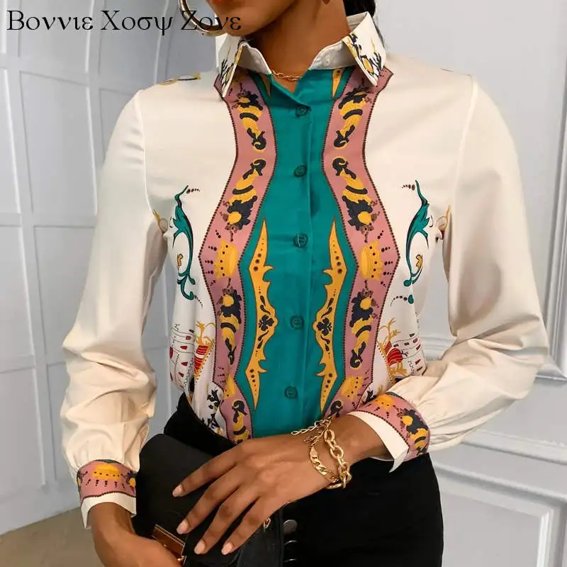 

Women Turn-down Collar Mixed Print Colorblock Buttoned Long Sleeve Shirt Blouse Tops Day Looks