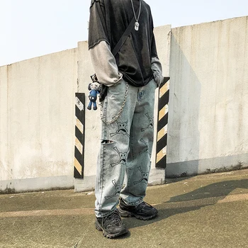 Men Vintage Straight Jeans Skull Print Hole Pant Male Women Streetwear Hip Hop Loose Casual Denim Harem Pants Harajuku Trousers 
Men Vintage Straight Jeans Skull Print Hole Pant Male Women Streetwear Hip Hop Loose Casual Denim Harem Pants Harajuku Trousers