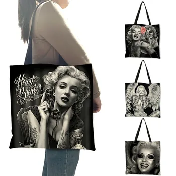 

2018 Popular Style Female Shoulder Bag Monroe Skull Tattoo Eco Linen Handbag Lady Girl Casual Shopping Multi-function Bags