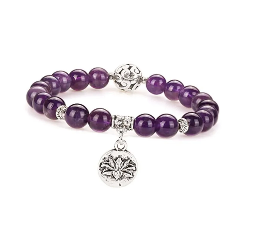 

FYJS Unique Jewelry Silver Plated Vintage Lotus Flower Connect 8 mm Natural Purple Amethysts Round Beads Bracelet