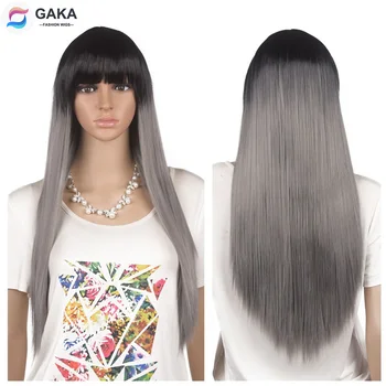 GAKA 26 Inches Long Ombre Grey Black Root Straight Synthetic Wigs for Women Natural Breathable Party Hair with Bangs 
GAKA 26 Inches Long Ombre Grey Black Root Straight Synthetic Wigs for Women Natural Breathable Party Hair with Bangs