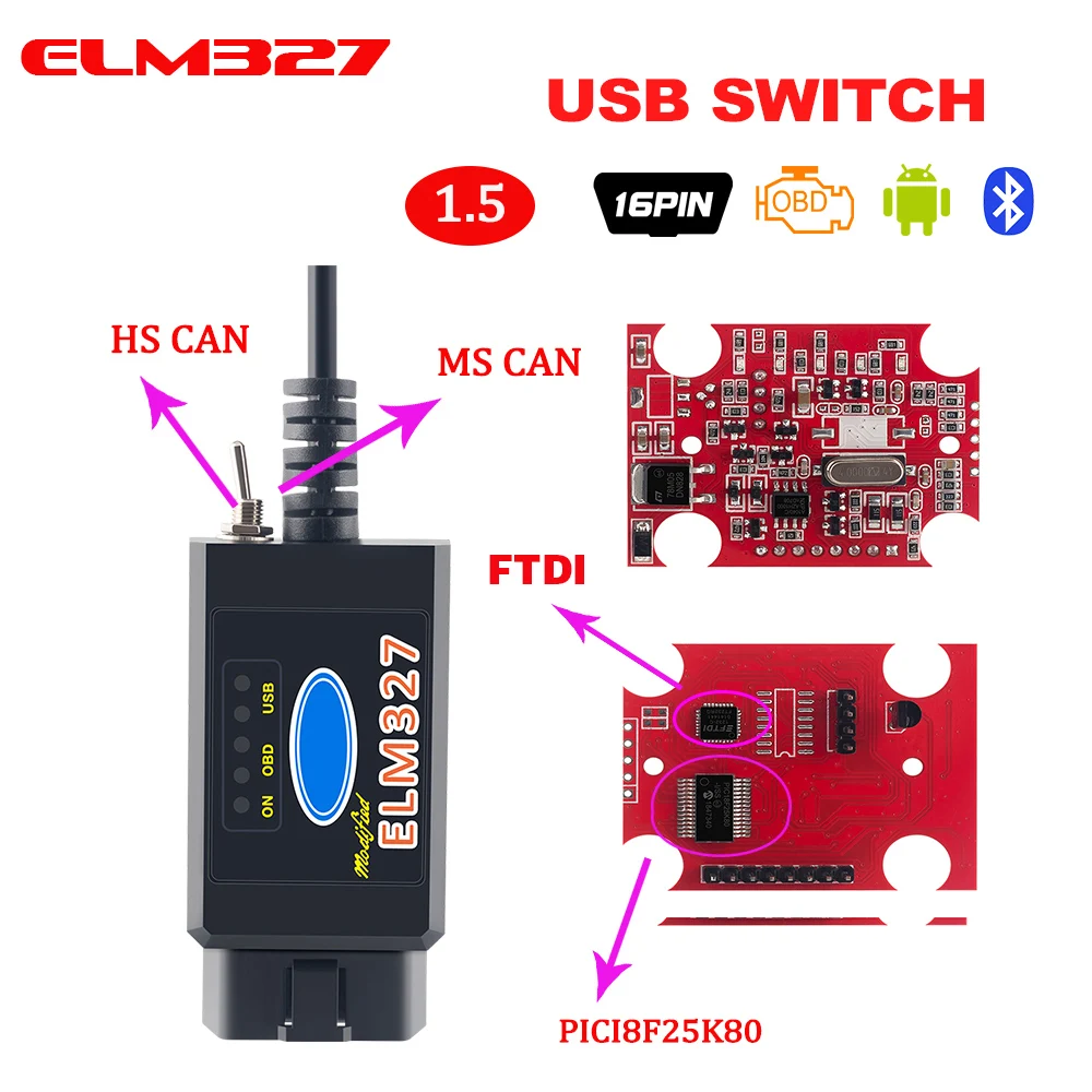 PIC1825K80 ELM327 USB V1.5 для Ford FTDI чип с переключателем HS/MS OBD 2 CAN Forscan автомобильный