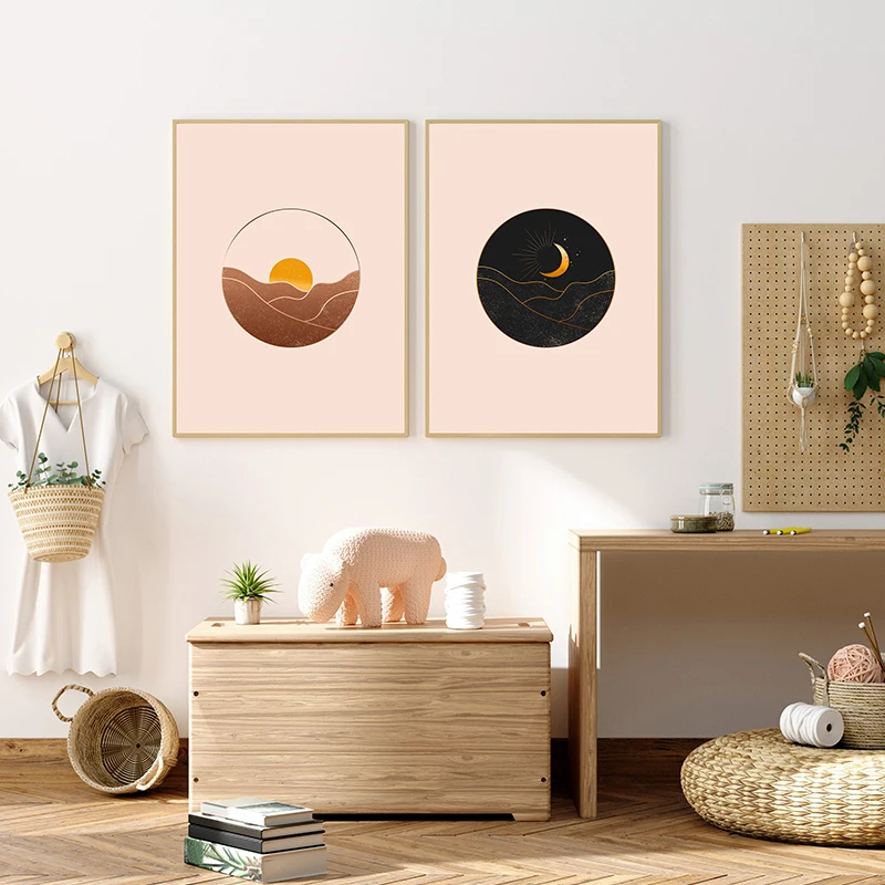 

Mid Century Modern Sun and Moon Print Abstract Landscape Poster Canvas Painting Wall Art Boho Picture for Living Room Home Decor