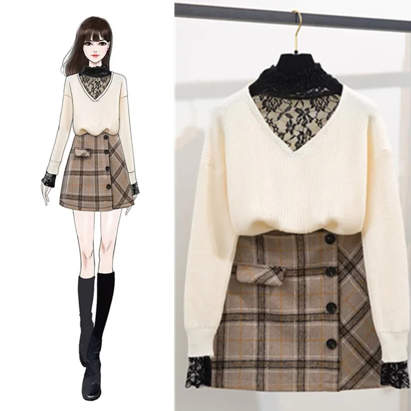 2019 Spring New Style Elegant Fashion Lace Joint Knit Stand Collar Base Shirt Tops Plaid Skirt
2019 Spring New Style Elegant Fashion Lace Joint Knit Stand Collar Base Shirt Tops Plaid Skirt