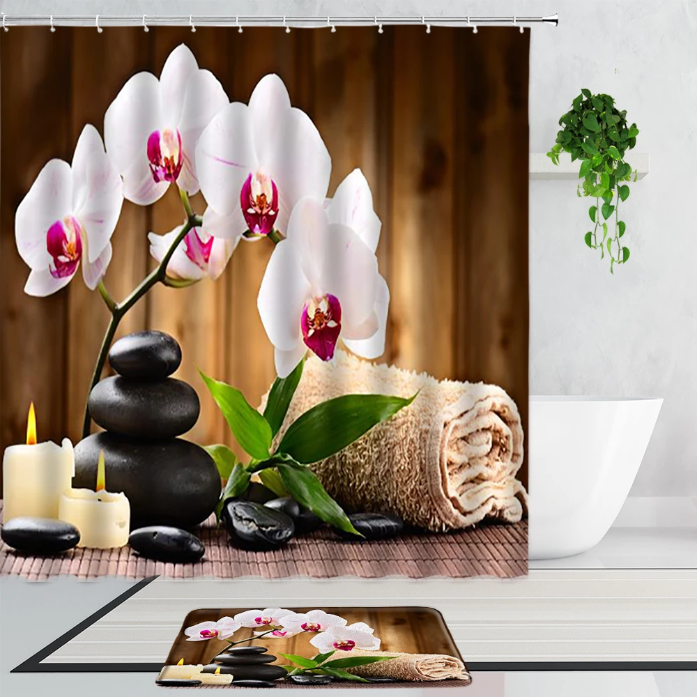 

3D Zen Green Bamboo Lotus Spa Shower Curtain Black Round Stone Candle Summer Landscape Bathroom Decor Non-Slip Bath Mats Carpet