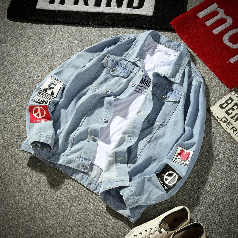 Large Size Jk949/P45 Spring And Autumn New Style MEN'S Denim Jacket Badge Printed Korean-style Loose And Plus-sized 
Large Size Jk949/P45 Spring And Autumn New Style MEN'S Denim Jacket Badge Printed Korean-style Loose And Plus-sized