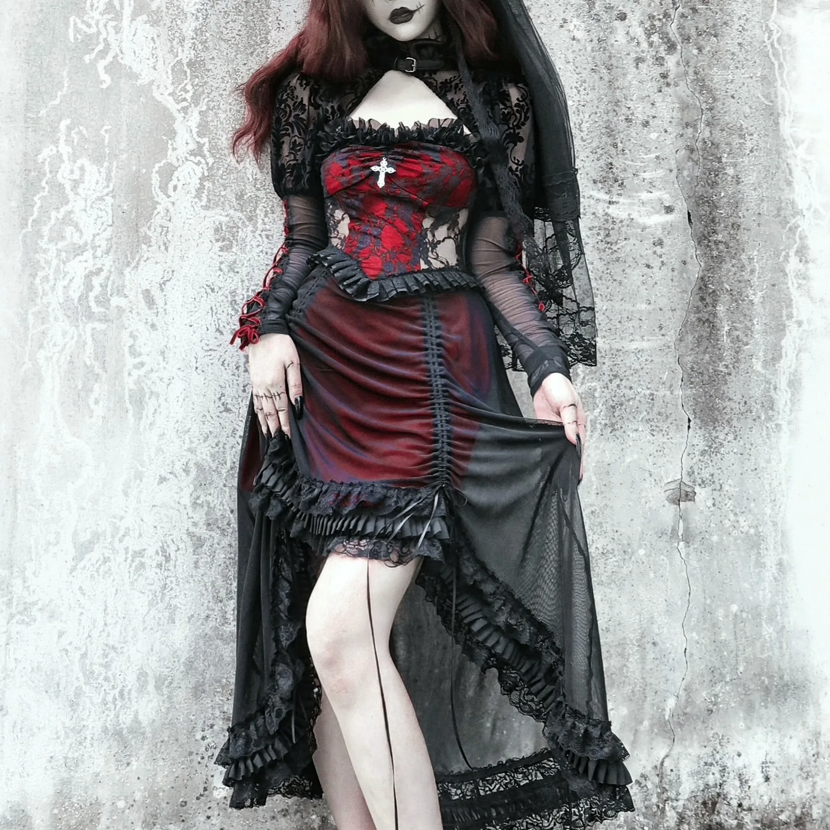 

Blood Supply Original Vampire Gothic Black Red Drawstring Asymmetric Slip Dress Halloween Lace Fly Sleeve Dark Suspender Dress