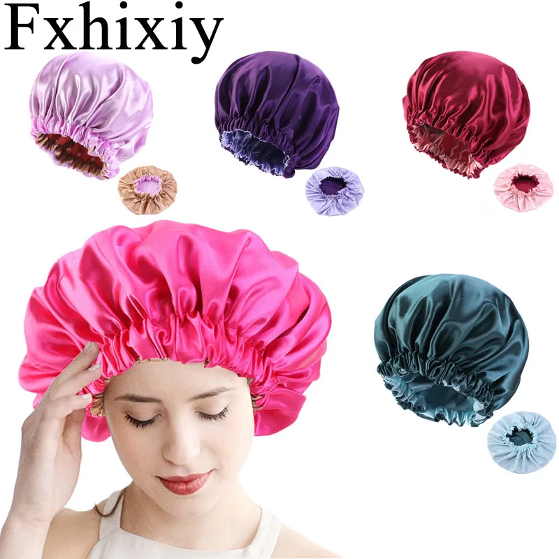 

New Reversible Satin Silky Bonnet Double Layer Large Size Sleep Night Cap Head Cover Turban Hat for Curly Springy Hair Black