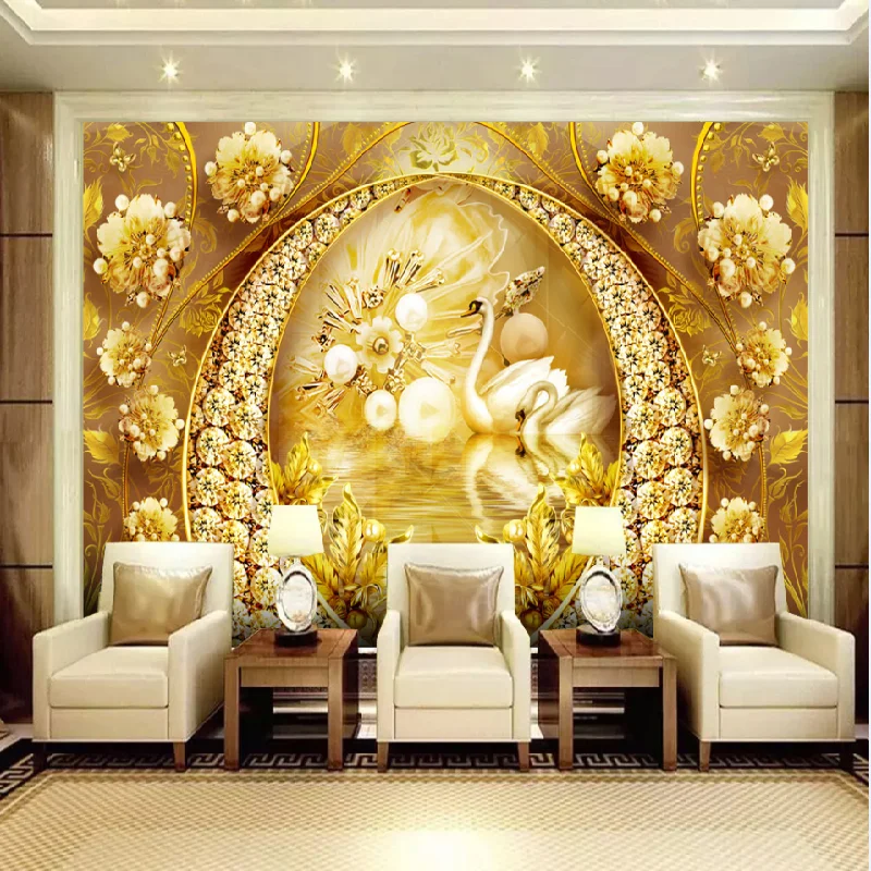 

New Diamond High-end Gold Gate Swan Lake Jewelry Flower High-end Background 3D Wall Stickers Wall Decoration