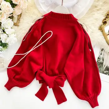 Casual Loose Winter Women Sweaters Lantern Sleeve Ruffle Knitting Pullover Lace Up Bow Knitted Sweater
Casual Loose Winter Women Sweaters Lantern Sleeve Ruffle Knitting Pullover Lace Up Bow Knitted Sweater