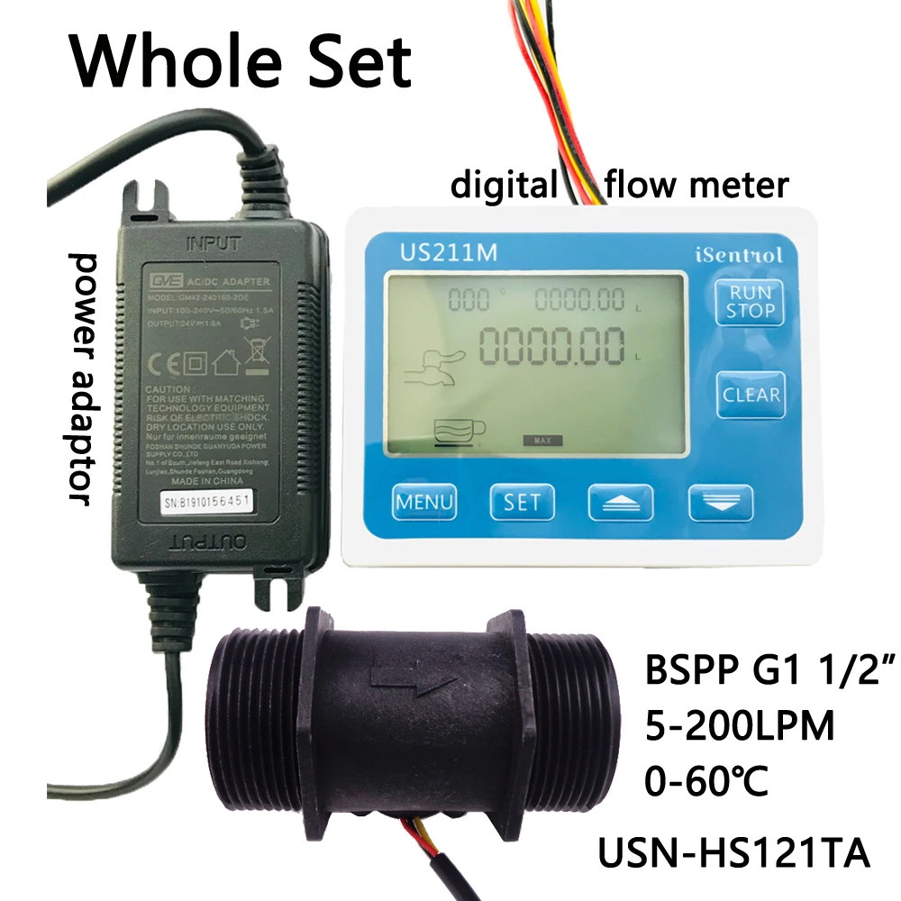 

US211M Digital Flow Meter & USN-HS121TA PA66 Nylon and Fibre Glass Hall Flow Sensor Measurement 5-200L/minBSPP G1 1/2" Dijiang