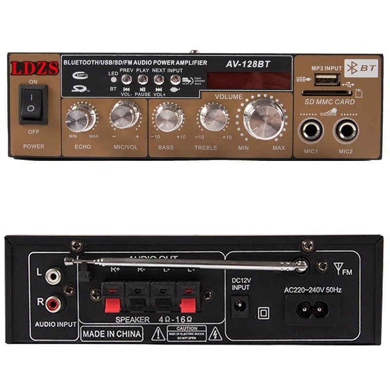 HIFI power amplifier 2 channel USB Bluetooth remote control SD card FM radio car audio 220V high power K song home KTV 128BT 
HIFI power amplifier 2 channel USB Bluetooth remote control SD card FM radio car audio 220V high power K song home KTV 128BT
