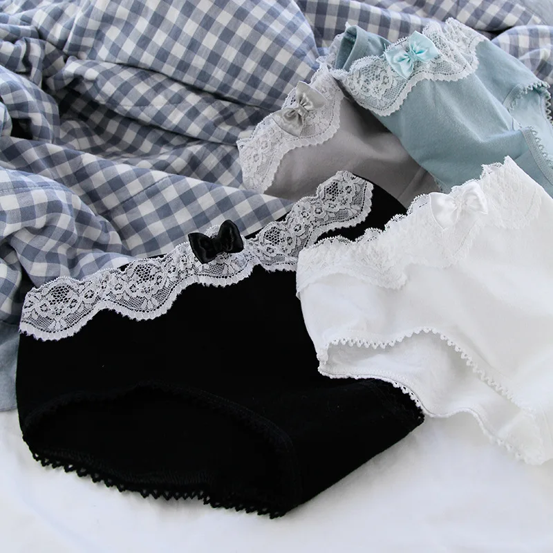 Sous-vêtements rétro en dentelle pour femmes, sous-vêtements en coton, joli entrejambe en coton, lingerie pour filles, gris et noir 3